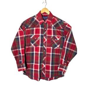 Wrangler Western Shirt L Mens 16.5 X 34 Large Red Plaid Pearl Snap X-Long Tails